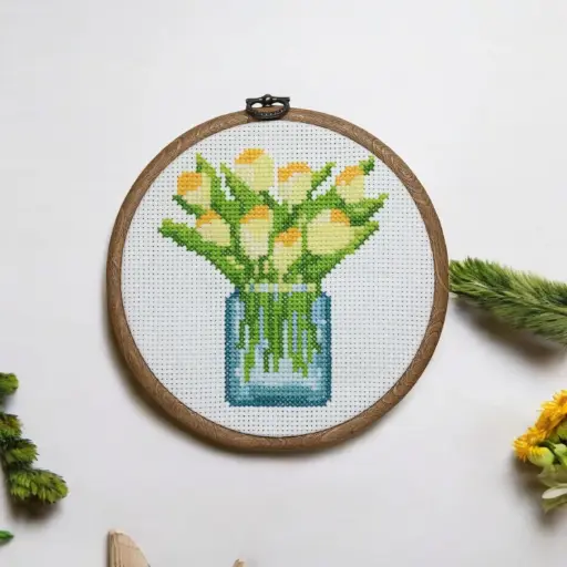 [CSA-001] Framed Tulip Bouquet in Vase Cross Stitch | Handmade Floral Wall Art | Unique Gift | EJCraftz